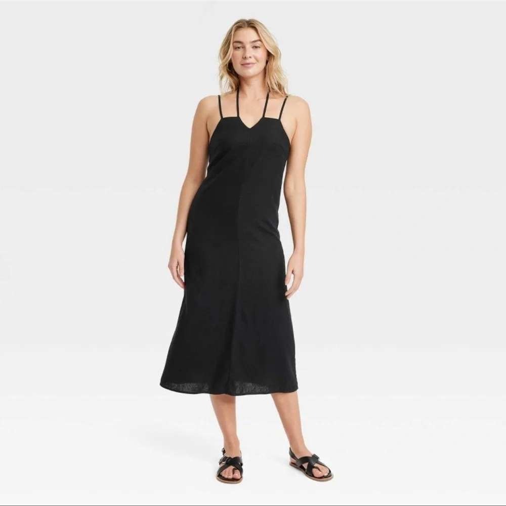 Universal‎ Thread Midi Dress Womens Sz Medium Black Linen Blend Halter Lagenlook